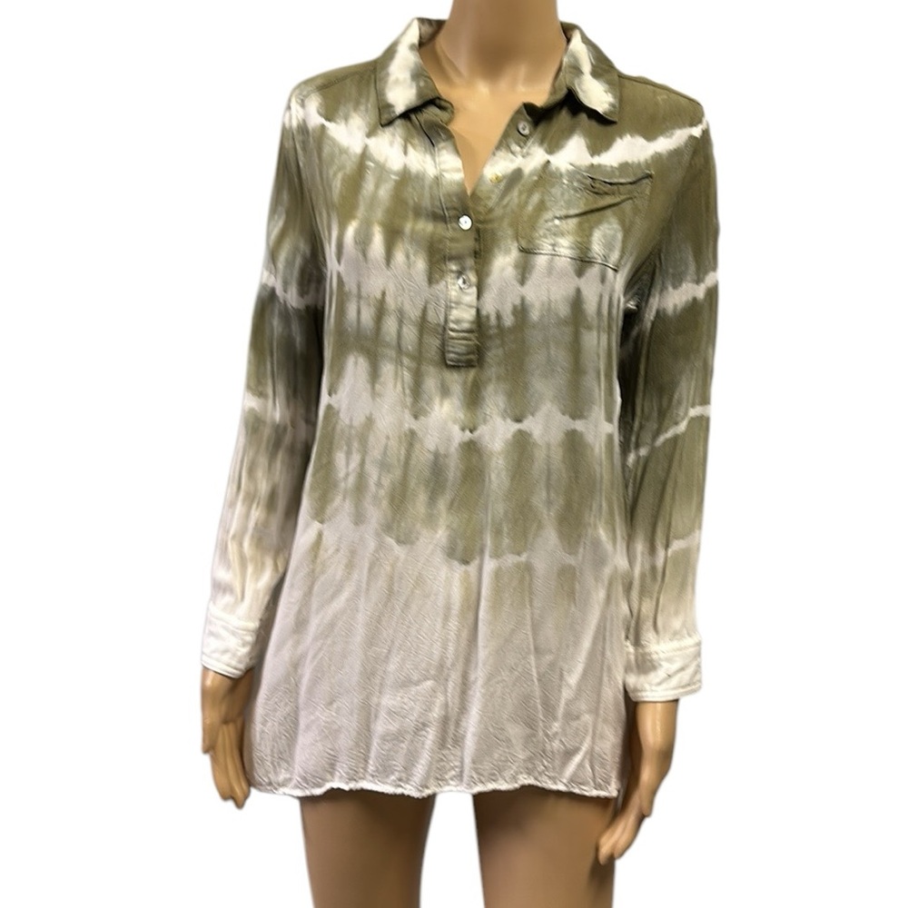 Umgee Ombre Tie Dye Popover Long Sleeve Collared Pocket Tunic Blouse Womens S